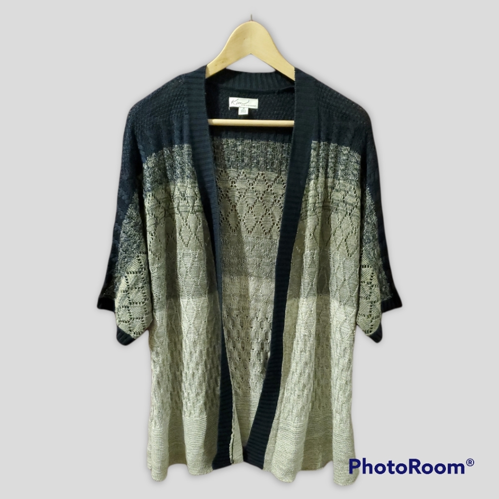 COPY - Blue and cream open front short sleeve cardigan Kim Rogers